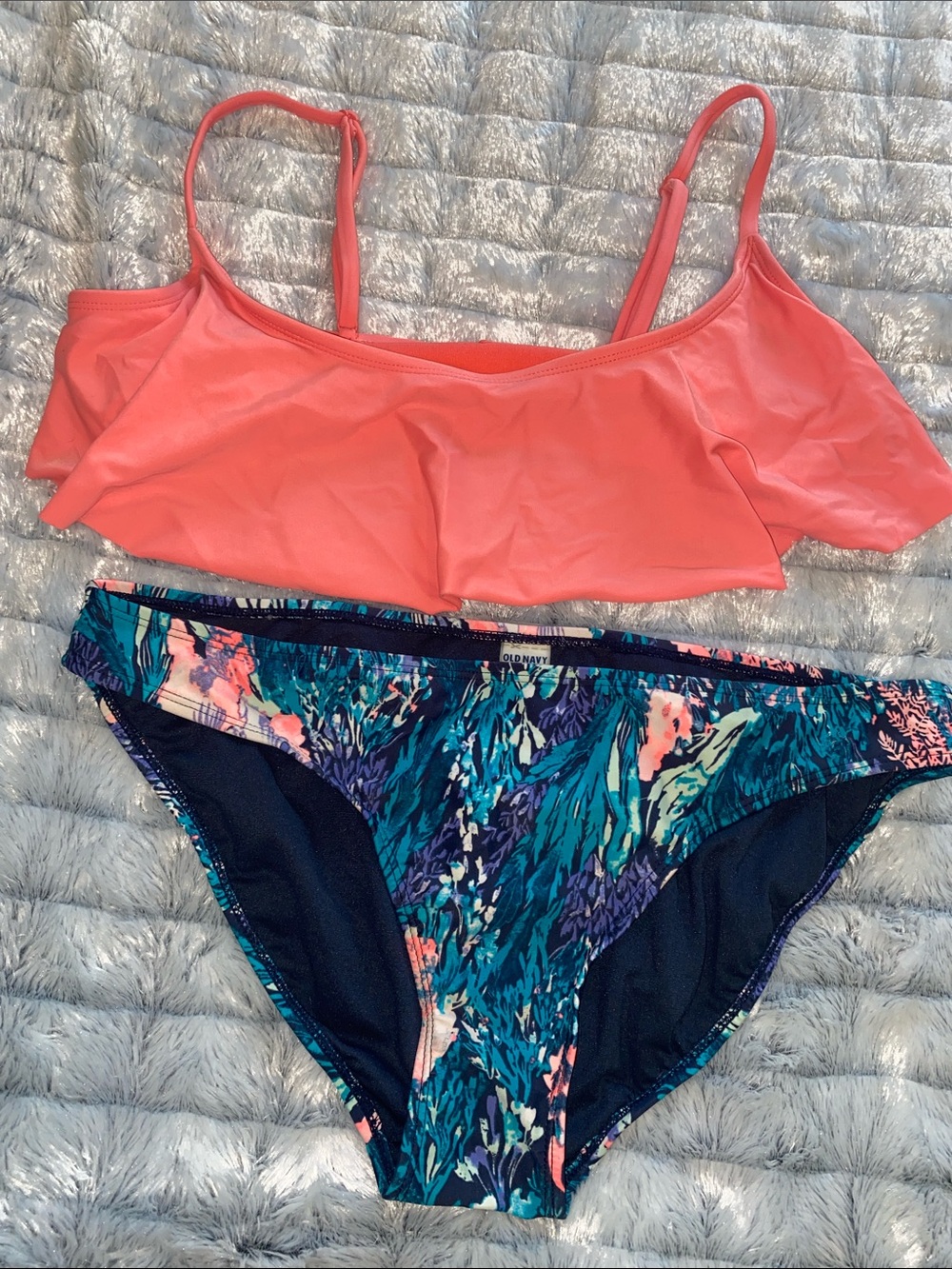 Old Navy Coral Flounce Bikini Top with Navy Teal Floral Bottoms set size Large